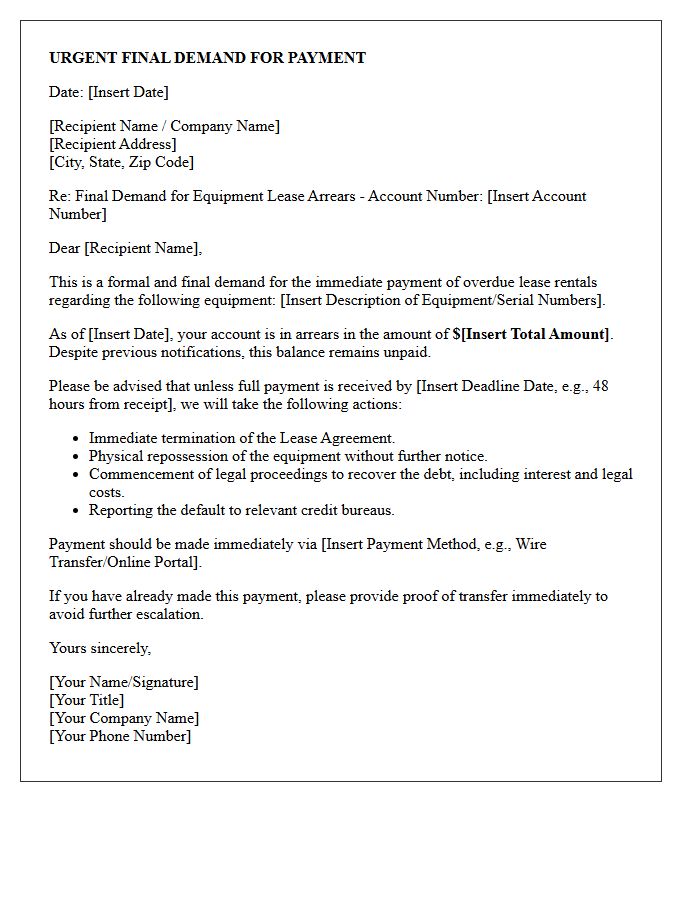 Urgent Final Demand for Equipment Lease Arrears Letter