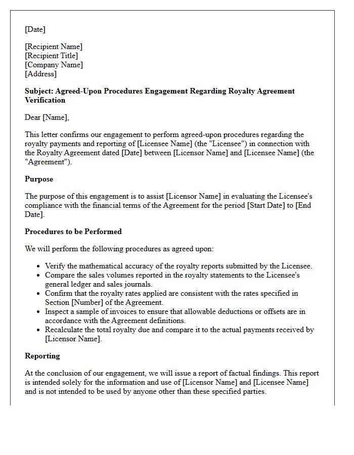 Agreed-Upon Procedures Letter for Royalty Agreement Verification