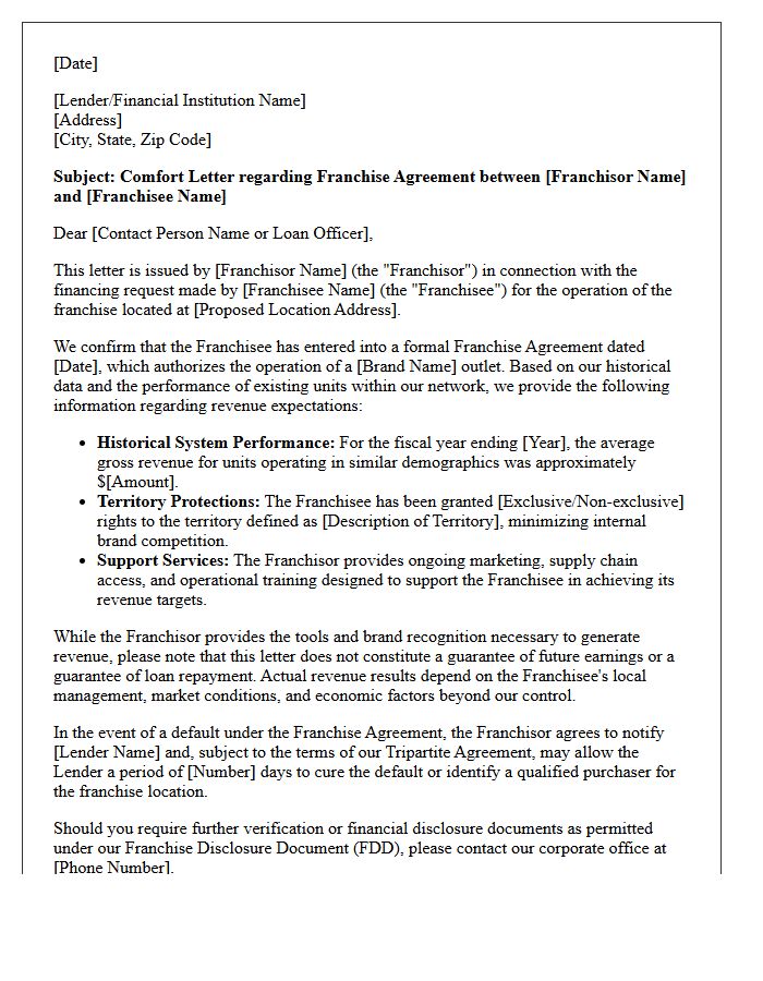 Franchise Agreement Revenue Comfort Letter