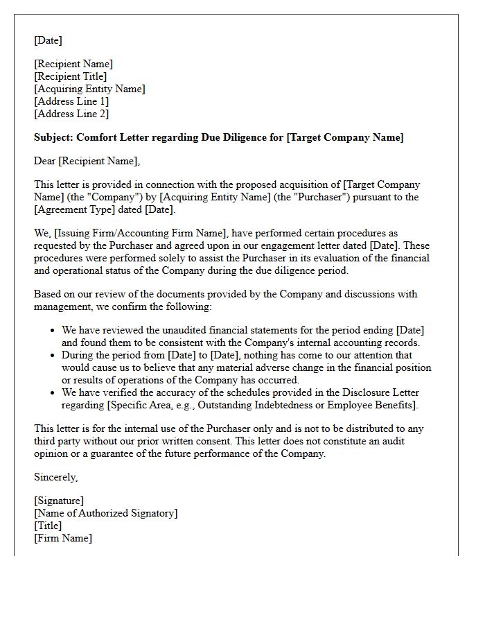 Merger and Acquisition Due Diligence Comfort Letter