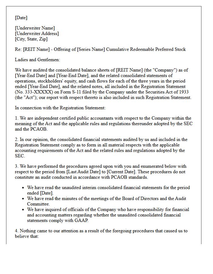 Preferred Stock REIT Offering Comfort Letter
