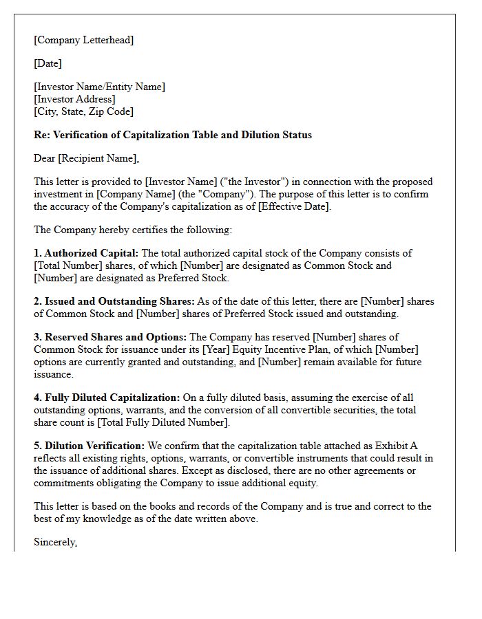 Capital Table and Dilution Verification Comfort Letter