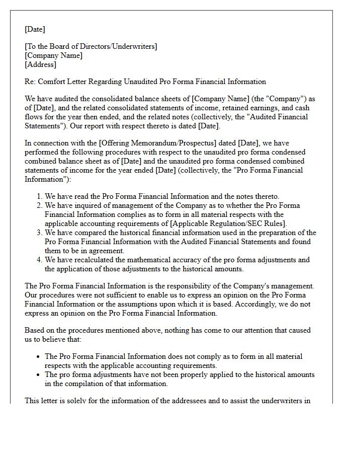 Unaudited Pro Forma Financial Information Comfort Letter
