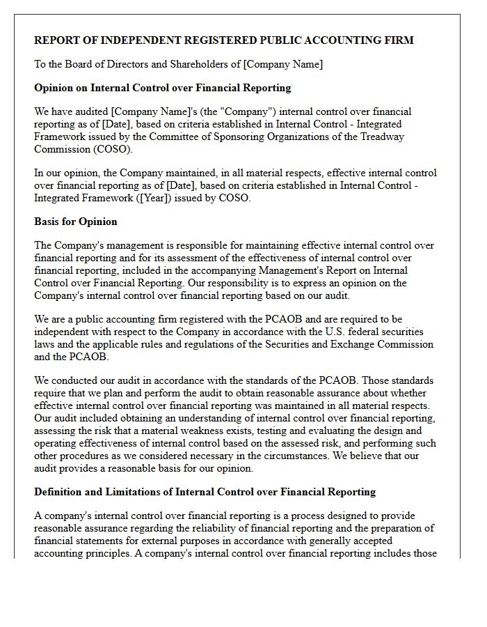 Internal Control Unqualified Audit Opinion Letter