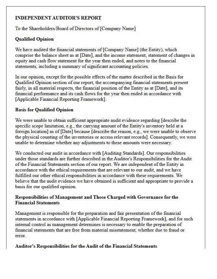 Qualified Audit Opinion Letter Due to Audit Scope Limitation