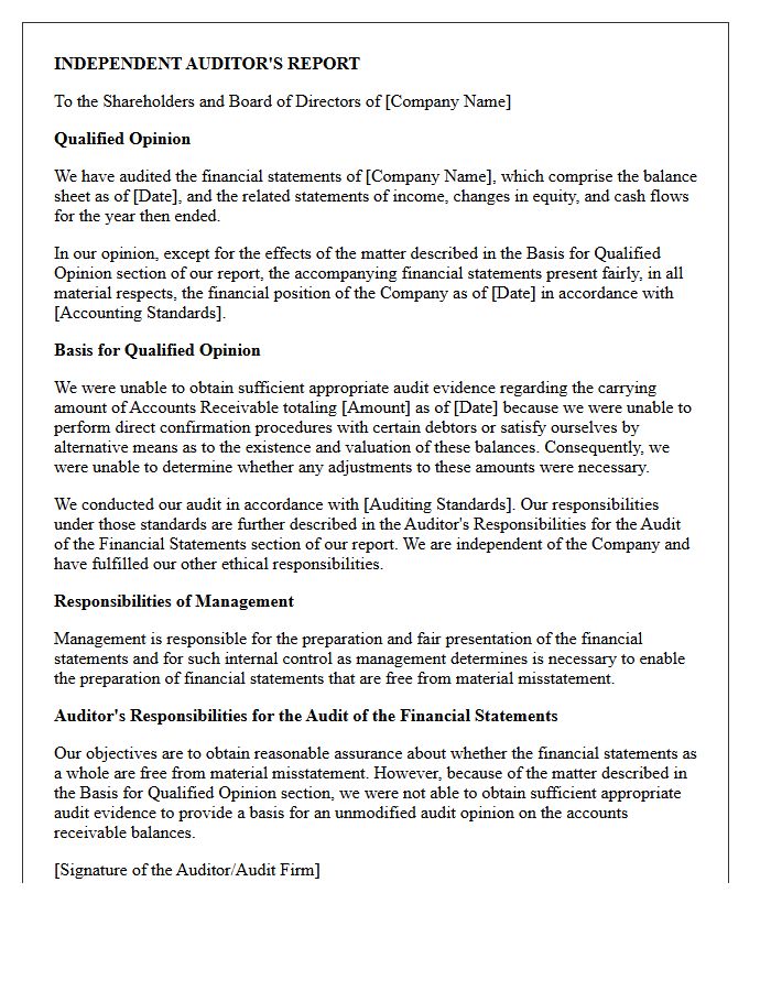 Qualified Audit Opinion Letter for Unverified Accounts Receivable Balances