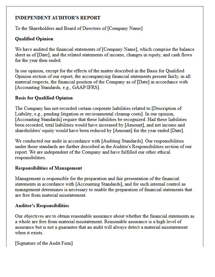 Qualified Audit Opinion Letter Regarding Unrecorded Corporate Liabilities