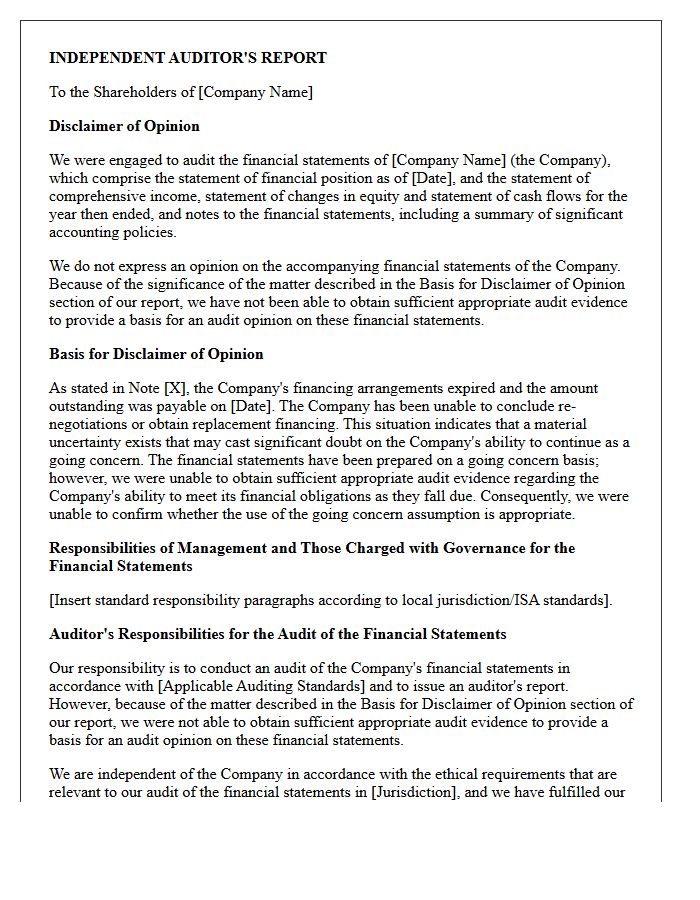 Going Concern Uncertainty Disclaimer of Opinion Letter