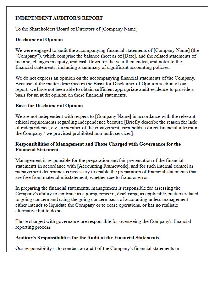 Impaired Auditor Independence Disclaimer of Opinion Letter