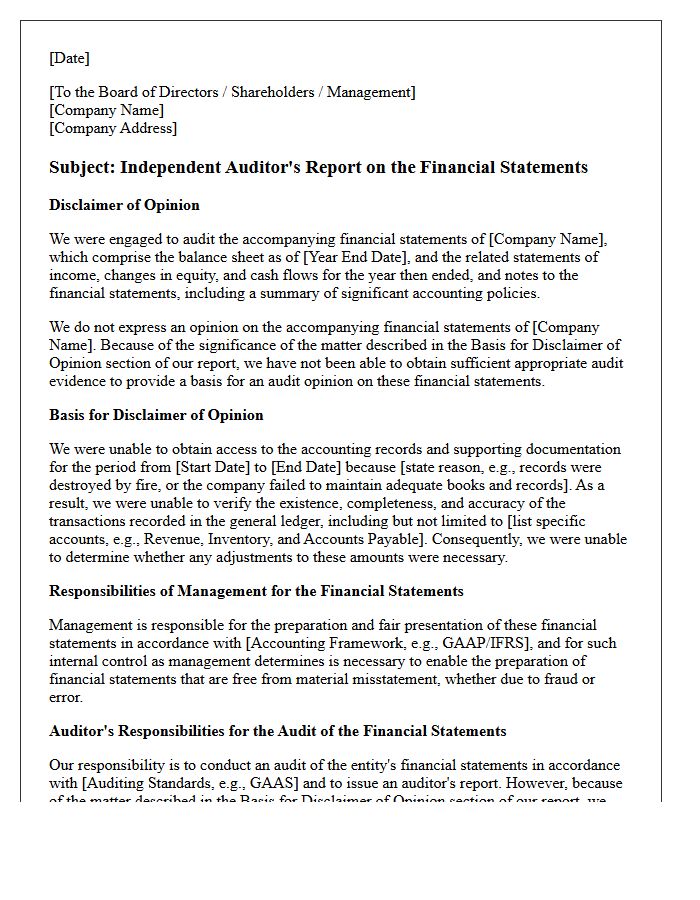 Inadequate Accounting Records Disclaimer of Opinion Letter