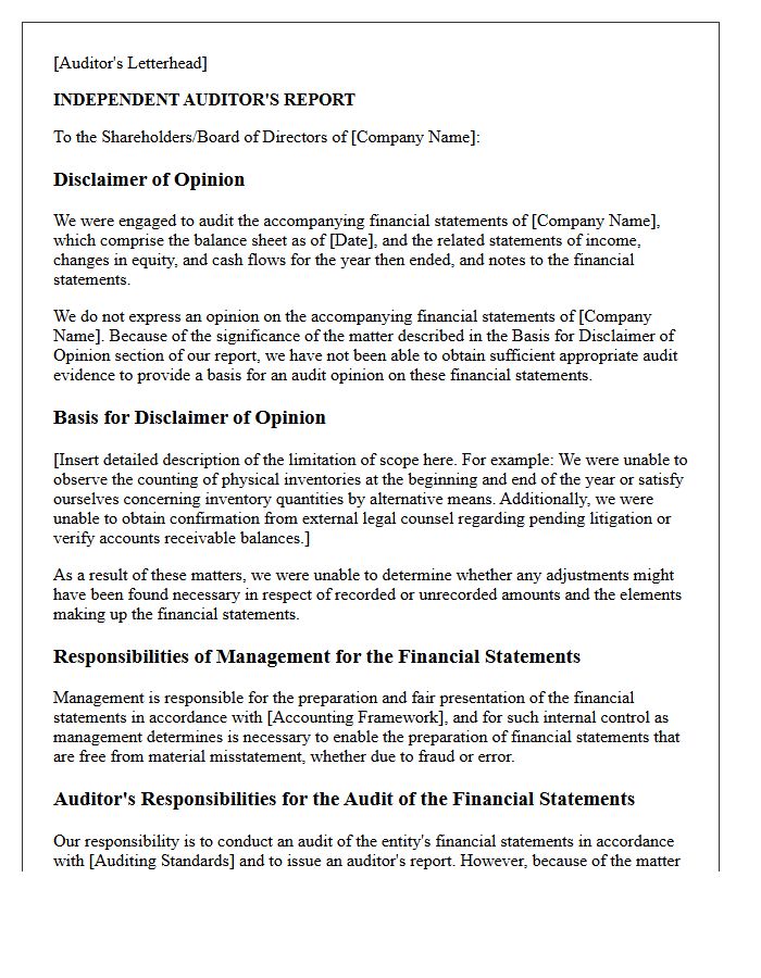 Insufficient Audit Evidence Disclaimer of Opinion Letter