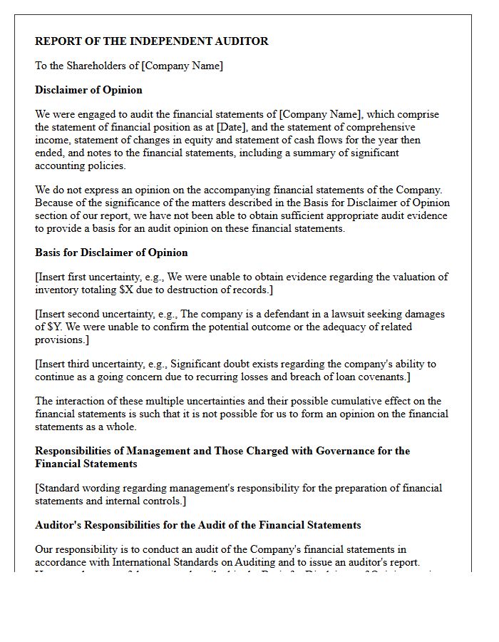 Multiple Pervasive Uncertainties Disclaimer of Opinion Letter