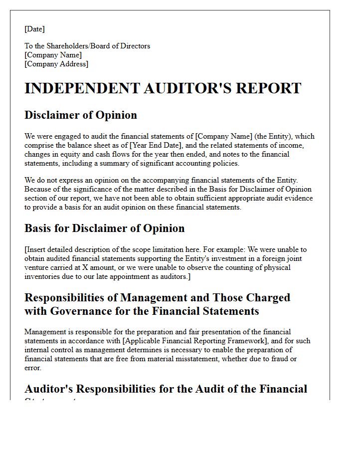 Standard Audit Disclaimer of Opinion Letter