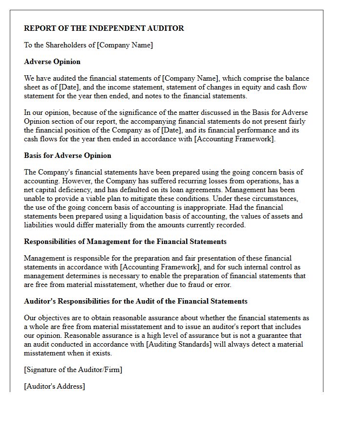 Adverse Opinion Letter Noting Going Concern