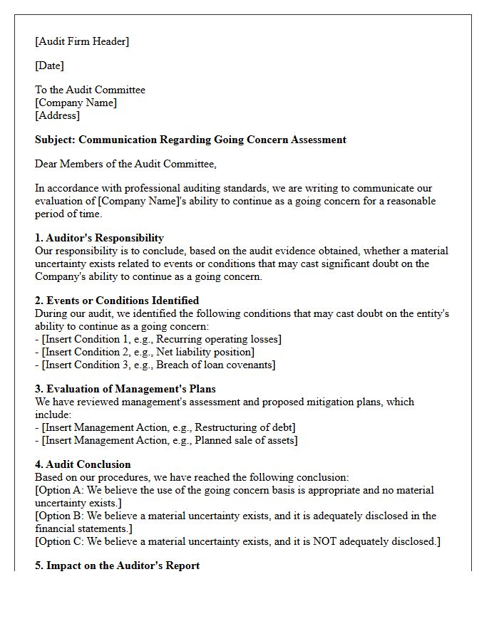 Audit Committee Communication Letter on Going Concern