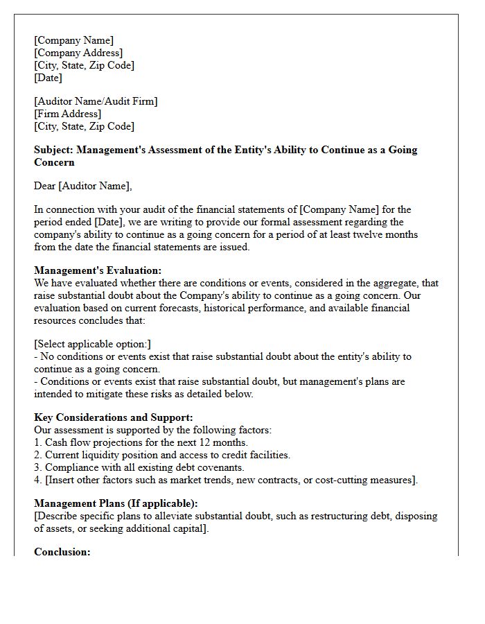 Going Concern Assessment Communication Letter