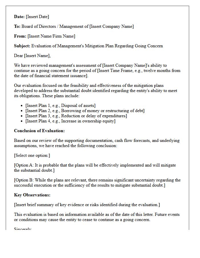 Going Concern Mitigation Plan Evaluation Letter