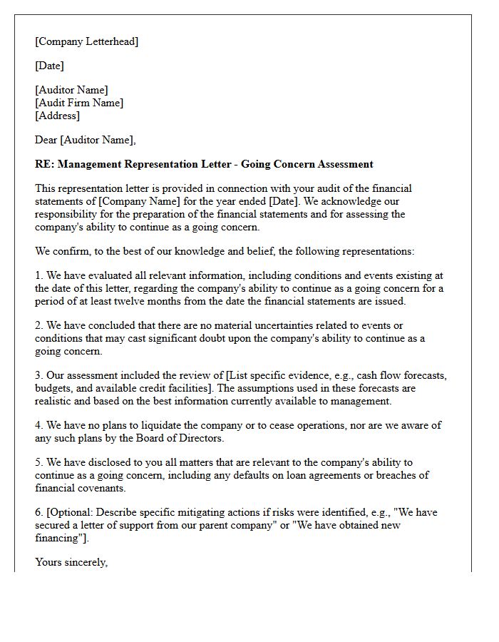 Management Representation Letter for Going Concern
