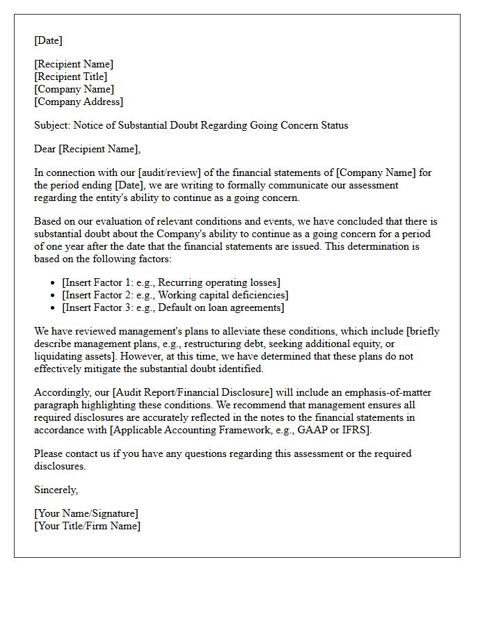Substantial Doubt About Going Concern Letter