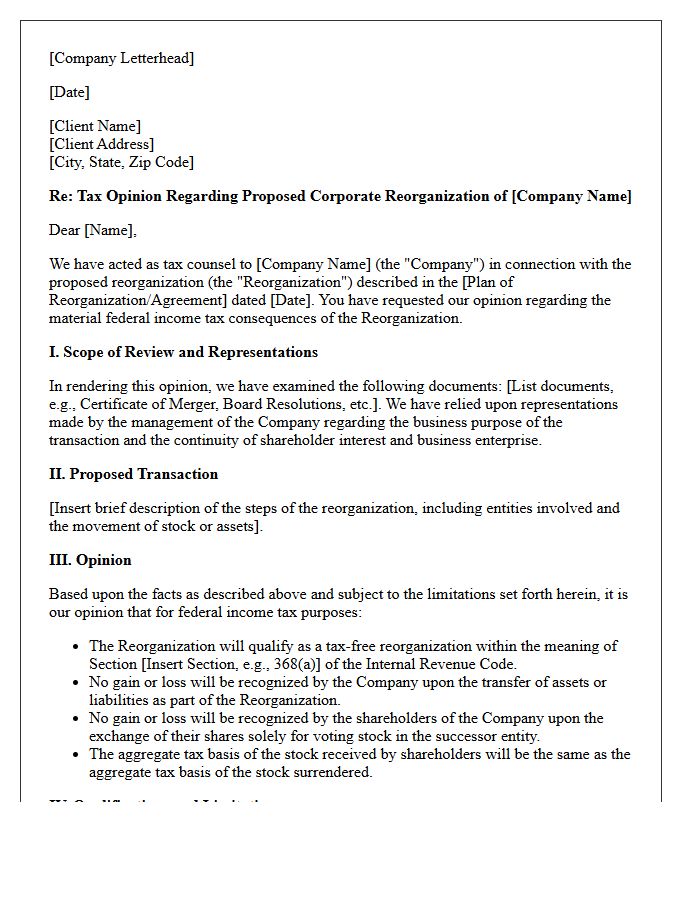 Corporate Reorganization Tax Position Opinion Letter