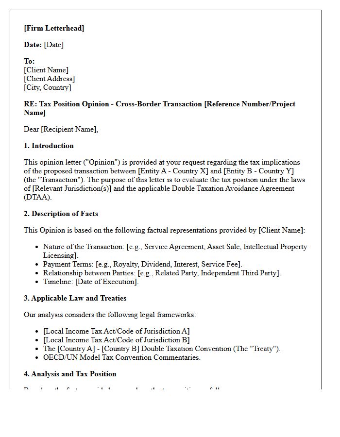 Cross Border Transaction Tax Position Opinion Letter