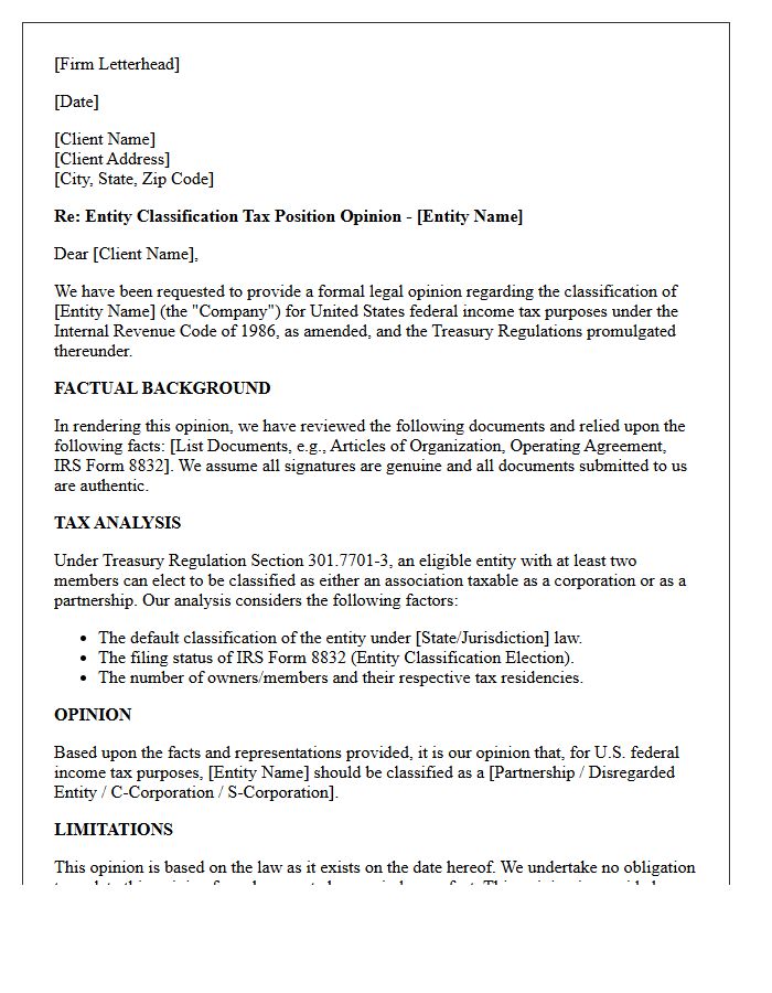 Entity Classification Tax Position Opinion Letter