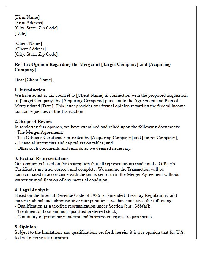 Mergers And Acquisitions Tax Position Opinion Letter