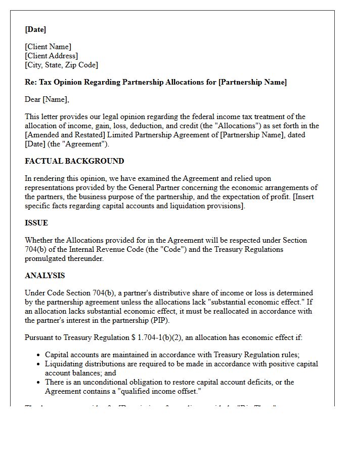 Partnership Allocation Tax Position Opinion Letter