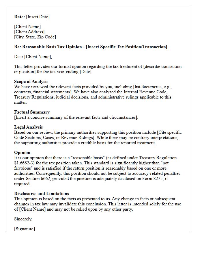 Reasonable Basis Tax Position Opinion Letter