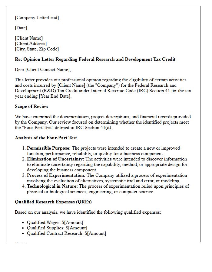 Research And Development Credit Tax Position Opinion Letter