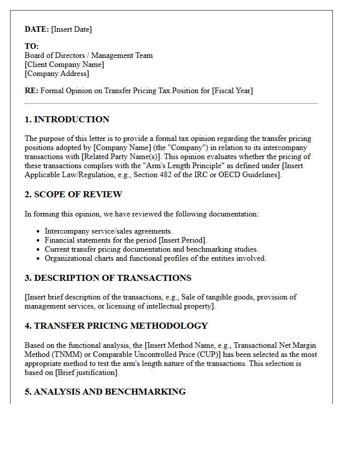 Transfer Pricing Tax Position Opinion Letter