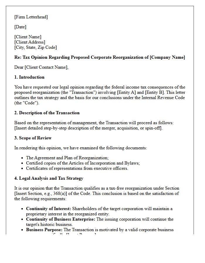 Corporate Reorganization Tax Strategy Opinion Letter
