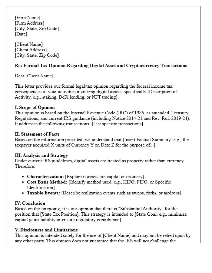 Digital Asset and Cryptocurrency Tax Strategy Opinion Letter