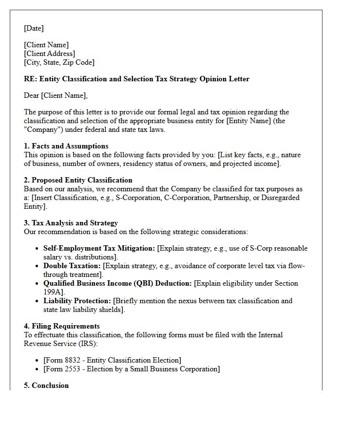 Entity Classification and Selection Tax Strategy Opinion Letter