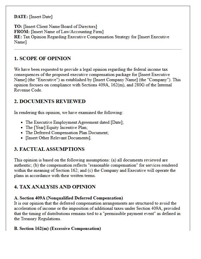 Executive Compensation Tax Strategy Opinion Letter
