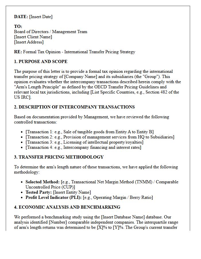 International Transfer Pricing Tax Strategy Opinion Letter