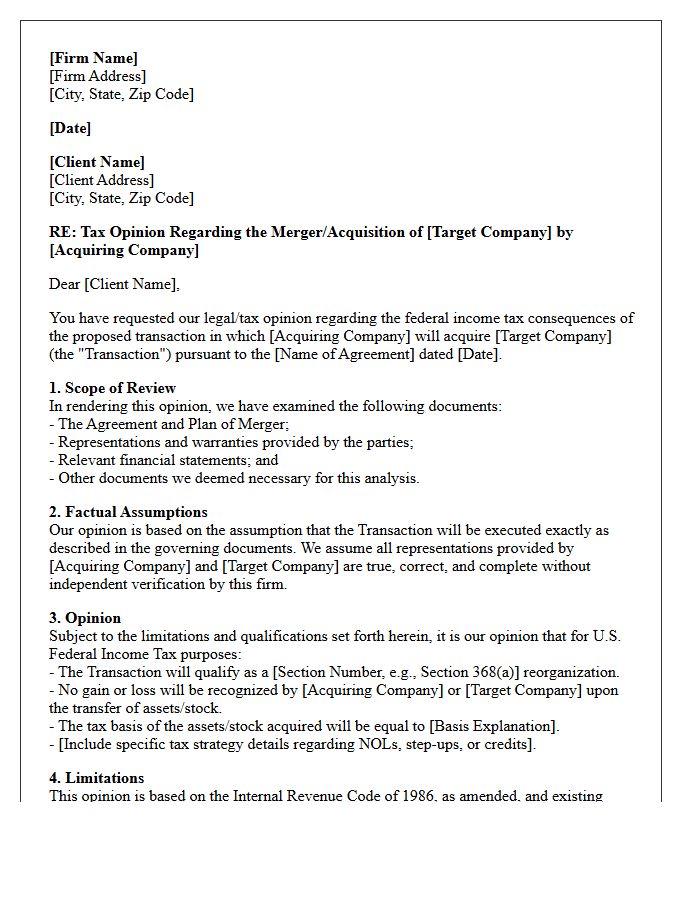 Merger and Acquisition Tax Strategy Opinion Letter