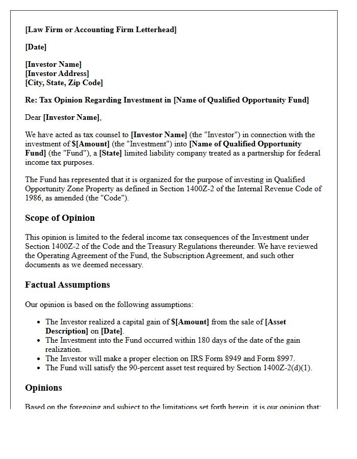 Qualified Opportunity Zone Investment Tax Strategy Opinion Letter