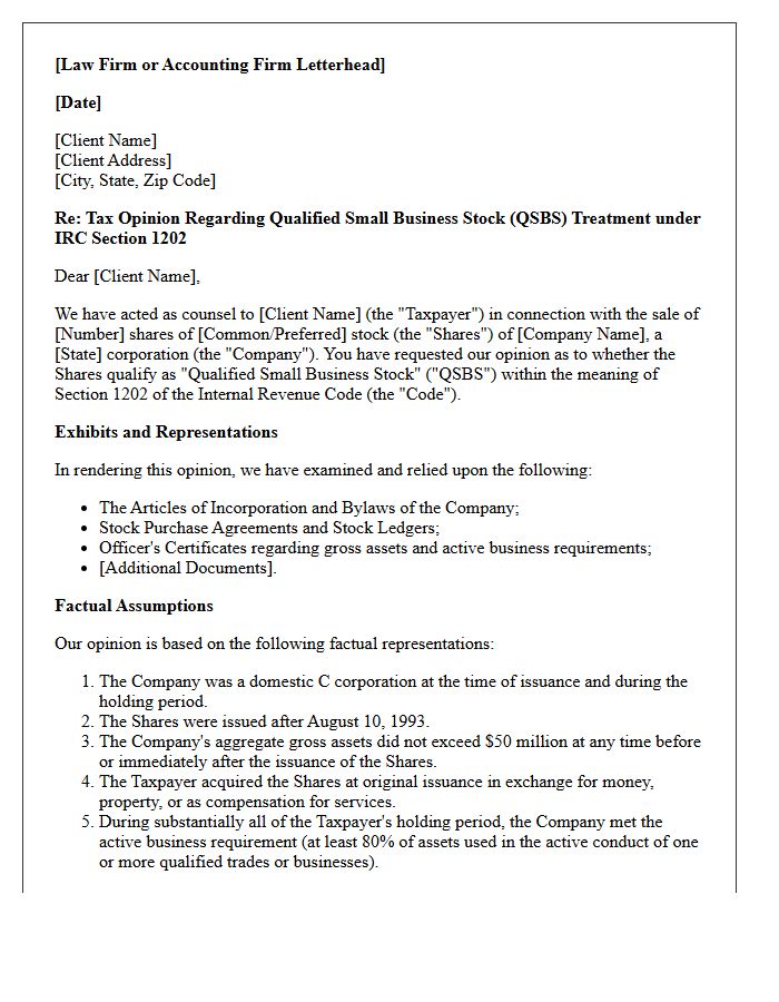 Qualified Small Business Stock Tax Strategy Opinion Letter