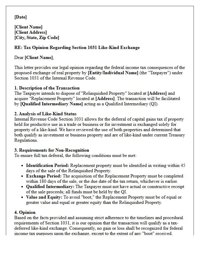 Real Estate Like-Kind Exchange Tax Strategy Opinion Letter