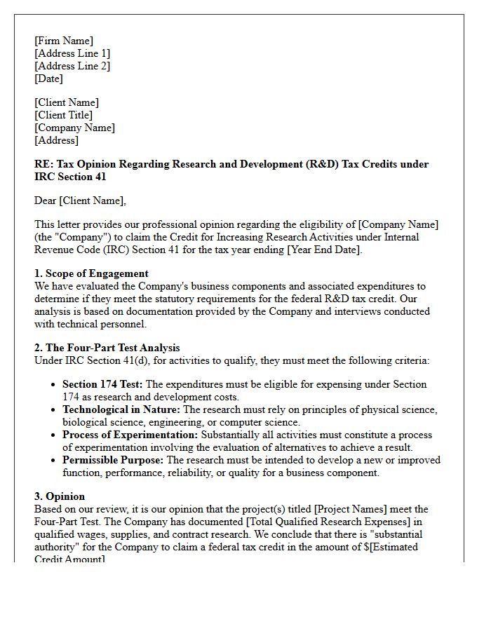 Research and Development Credit Tax Strategy Opinion Letter