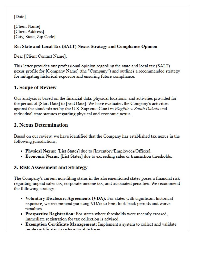 State and Local Tax Nexus Strategy Opinion Letter