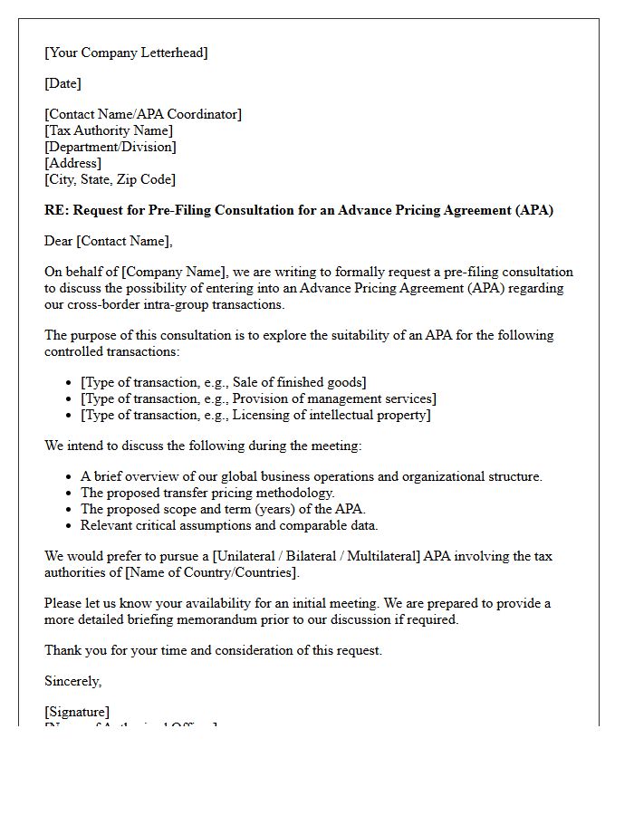 Advance Pricing Agreement Consultation Letter