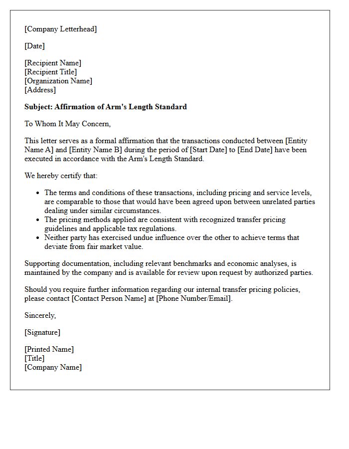 Arm's Length Standard Affirmation Letter