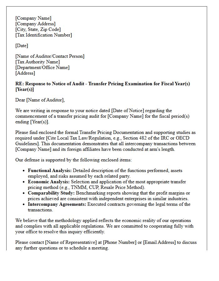 Transfer Pricing Audit Defense Letter