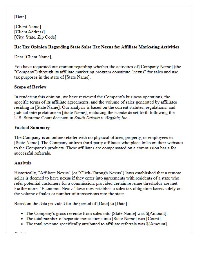 Affiliate Nexus Tax Opinion Letter
