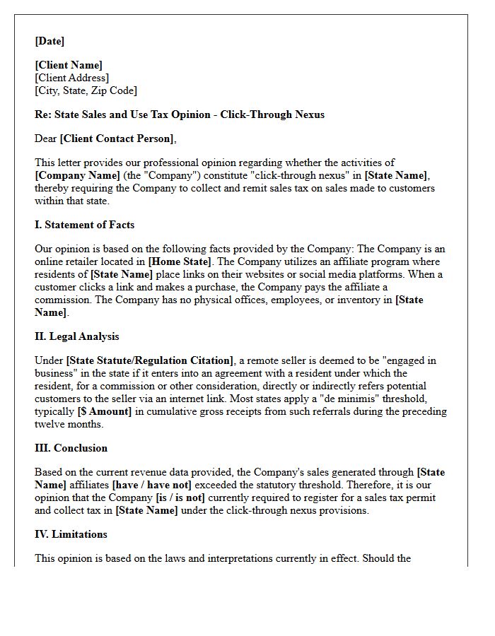 Click-Through Nexus State Tax Opinion Letter