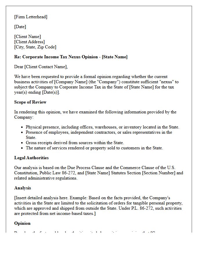 Corporate Income Tax Nexus Opinion Letter