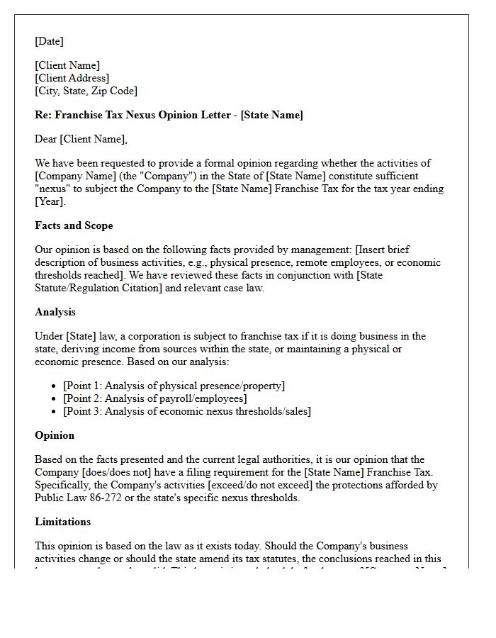 Franchise Tax Nexus Opinion Letter