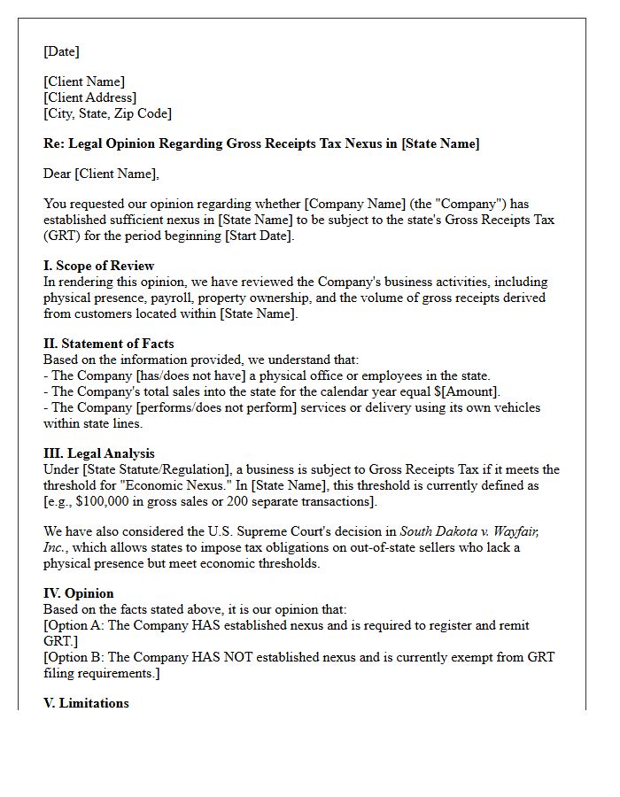 Gross Receipts Tax Nexus Opinion Letter